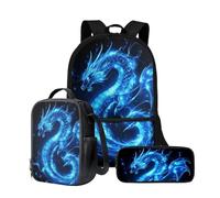 Wnbucioht Sac à dos 3 en 1 pour enfants garçons avec sac à déjeuner isotherme, porte-crayon, Dragon bleu animal, Taille unique, Ensemble cartable