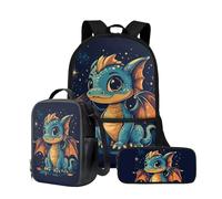 Wnbucioht Sac à dos pour écolière, cartable avec sac à déjeuner isotherme, pochette à stylos 3 en 1, Dragon animal Kawai, Taille unique, Ensemble cartable