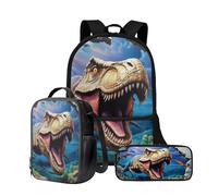 Wnbucioht Sac à dos pour écolière, cartable avec sac à déjeuner isotherme, pochette à stylos 3 en 1, Imprimé dinosaure, Taille unique, Ensemble cartable