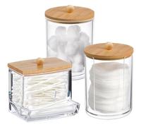 Wnddle 3 Pièces Boite Coton-Tige, Support en Plastique, Distributeur Transparent avec Couvercle en Bambou pour Cotons-tiges, Tampons et Cosmétiques