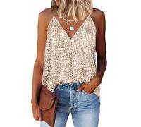 WNEEDU Débardeur sans Manches à Paillettes Scintillantes pour Femme Sexy Col en V Gilets pour Mode décontracté Haut Tops T-Shirt Champagne L
