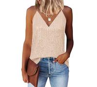 WNEEDU Débardeur sans Manches à Paillettes Scintillantes pour Femme Sexy Col en V Gilets pour Mode décontracté Haut Tops T-Shirt Champagne XL