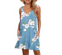 WNEEDU Femme Robe d'été sans Manche Col en V Décontractée Robes Plage avec Poches Lâche Swing