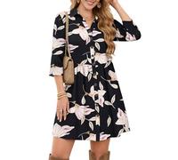 WNEEDU Robe Ete Femme Chic et Elegant Robe Chemise Manches 3/4 Robe de Plage Taille Empire Courte avec Poches Gloire du Matin 2XL