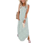 WNEEDU Robe Longue Femmes Robes d'éte Plage Robes sans Manches Col V Décontracté avec Poches Tache Verte M