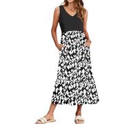WNEEDU Robe Longue sans Manches d'Été Femme Robes Décontractée à Col en V de Plage avec Poches Ombre Nere e Bianche M
