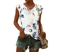 WNEEDU T Shirt Femme à Manches Courtes Tee Shirt Femme col V Hauts D'été Tops de Base Blouses Décontractés Fleur Blanche XL