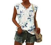 WNEEDU T Shirt Femme à Manches Courtes Tee Shirt Femme col V Hauts D'été Tops de Base Blouses Décontractés Fleurs Blanches Vertes S