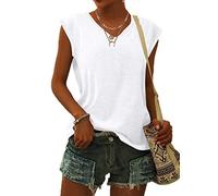 WNEEDU T Shirt Femme à Manches Courtes Tee Shirt Femme col V Hauts D'été Tops de Base Blouses Décontractés Blanc XXL