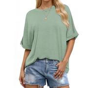 WNEEDU T-shirt surdimensionné pour femme à manches courtes et col rond - T-shirt d'été basique ample et décontracté - Chemisier surdimensionné avec manches retroussées, Vert petit pois, XXL