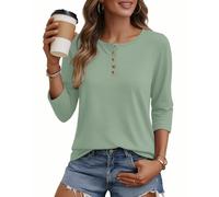 WNEEDU Tee Shirt Femme à Manche 3/4 - Henley T-Shirt Col Rond avec Boutons | Fine Haut,Décontracté Tunique,Blouse Chic et Élégant,Chemise Long,Base Chemisier,Three-quarter Sleeve