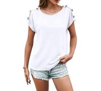 WNEEDU Tee Shirt Femme Col Rond Haut Manche Courte Top Décontracté Été T-Shirt Manche Chauve-Souris Chemisier avec Boutons Blanc XXL