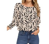 WNEEDU Tee Shirt Manche 3/4 pour Femme col Rond décontracté Chemisier élégant Léger Loisirs Haut Mesdames Blouse Tops Feuilles Noires D'abricotier L