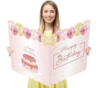 WNINK Carte d'anniversaire rose Jumbo avec enveloppe, 55,9 x 35,6 cm, carte de vœux extra large or rose pour femmes et filles, grand livre d'or et décoration de fête