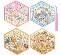 Wnqou ensemble de 4 bricolage 3D autocollants maison, magasin de vêtements et mini dépanneur scène autocollants - dessins animés mignons pour adultes, enfants - Fun stickers jeux pour les filles