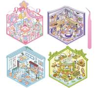 Wnqou ensemble de 4 bricolage 3D maison autocollants avec mignon Panda Tea House et mini Hot Spring chalet scène - dessin animé mignon pour les adultes,les enfants, fun maison magique autocollant jeu