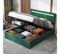 Wnvivi Lit Double rembourré 160 x 200 cm, Coffre hydraulique, Velours Vert avec éclairage LED, Style scandinave, sommier à Lattes, tête de lit réglable (160x200cm)