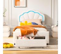 Wnvivi Lit Simple rembourré avec lumières 90x200cm, Lits Princesse pour Filles, lit ado, lit Enfant, Support à Lattes, avec Tiroir (Coquille, Blanc, Flanelle)