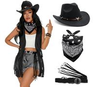WNXGNHO Collection de costumes Wild Western Adventure avec chapeau de rodéos orné, écharpe rouge audacieuse et bijoux superposés, tenue de cowgirl avec chapeau et accessoires