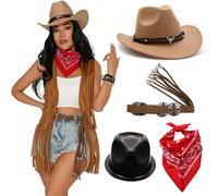 WNXGNHO Collection de costumes Wild Western Adventure avec chapeau de rodéos orné, écharpe rouge audacieuse et bijoux superposés, tenue de cowgirl avec chapeau et accessoires
