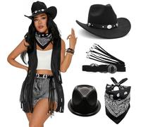 WNXGNHO Collection de costumes Wild Western Adventure avec chapeau de rodéos orné, écharpe rouge audacieuse et bijoux superposés, tenue de cowgirl avec chapeau et accessoires