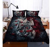 Wnyun Parure De Lit 240x260cm Adulte Ado Enfant Gothique Squelette Amoureux Rose 3D Motif Housse De Couette 1-2 Personne Sets Microfibre avec Fermeture Éclair + 2 taies d'oreillers 50 x75 cm