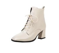 Woaikeyu Bottines Femme Bottes Courtes automne et hiver grande taille bout carré Cuir Cuir Talon Haute élégantes confortable talon carré talon épais Boots (White, 38)