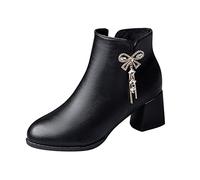 Woaikeyu Bottines Femme Talon Haut Talon épais Bout Rond Bottes en Cuir Polaire Fermeture Éclair Strass Tête Pointu Boots pour Femmes（Le Noir 39.5）