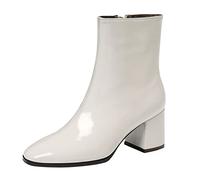 Woaikeyu Bottines Femme Talon Moyen Zipper Retro Courtes Bottes en Cuir Verni Mode Boots pour Femmes Fermeture Éclair Tête Pointu Chaussons（Blanc 39）&821