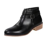 Woaikeyu Bottines Femme Vintage Cuir Boots Mode Boucle Zippé Talon Carre Bottes Courtes noir 40