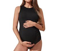 Woaikeyu Maillot De Bain Maternité Femme 1 Pièces Maillots de Bain Une Pièce Plage Bikini Maternité Rayé Tissu Maillot De Bain Grossesse Taille Haute Maillot De Bain Enceinte (Black, M)