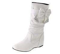 Woaikeyu Rétro Bottines Femme strass Bottes Courtes noeud papillon talon bas sans lacet mi-mollet bottes bout rond chaussures Boots Blanc 37