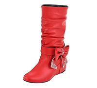 Woaikeyu Rétro Bottines Femme strass Bottes Courtes noeud papillon talon bas sans lacet mi-mollet bottes bout rond chaussures Boots Rouge 37