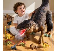 WOANZZ Grand Dinosaure 60cm avec 10 Mini Dinosaures, T-Rex Géant Jouet de Rangement avec Spray Fumée Lumière & Son, Coffret Camion Démontable, Cadeau Anniversaire pour Enfant Garçon Fille 3-6 Ans Brun
