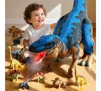 WOANZZ Grand Dinosaure 60cm avec 10 Mini Dinosaures, T-Rex Géant Jouet de Rangement avec Spray Fumée Lumière & Son, Coffret Camion Démontable, Cadeau Anniversaire pour Enfant Garçon Fille 3-6 Ans Bleu