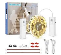 WOBANE Ruban LED de 5 m avec détecteur de mouvement, éclairage d'escalier rechargeable avec 2 capteurs, bande LED alimentée par piles, éclairage LED d'armoire pour cuisine, blanc 6000 K, 2x2200 mAh
