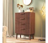 WOBOPCG Commode 4 Tiroirs, Armoire à Tiroirs en Bois Massif Meuble à Tiroirs Rangement Buffet Bas Meuble à Tiroirs Rotin Commode Chambre Table de Chevet Buffe Bois (Couleur bois de noyer, 4 tiroirs-2)