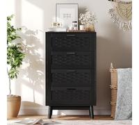 WOBOPCG Commode 4 Tiroirs,Armoire à Tiroirs en Bois Meuble à Tiroirs Rangement Buffet Bas Meuble à Tiroirs Rotin Commode Chambre Table de Chevet Buffe (Noir, 4 tiroirs)