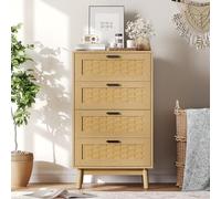 WOBOPCG Commode 4 Tiroirs,Armoire à Tiroirs en Bois Meuble à Tiroirs Rangement Buffet Bas Meuble à Tiroirs Rotin Commode Chambre Table de Chevet Buffe (Couleur chêne, 4 tiroirs)