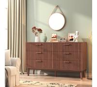 WOBOPCG Commode 6 Tiroirs,Armoire à Tiroirs en Bois Massif Meuble à Tiroirs Rangement Buffet Bas Meuble à Tiroirs Rotin Commode Chambre Table de Chevet Buffe Bois (Couleur Bois de Noyer, 6 tiroirs-2)