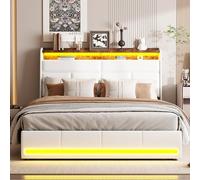WOBOPCG Lit 160×200 avec Sommier Coffre,Lit Rembourré avec Rangement lit Coffre avec LED lIt Double avec Rangement en Planche LIt Capitonné avec Rangement (Blanc,PU, 160×200 cm)