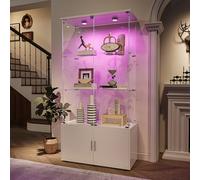 WOBOPCG Vitrine sur pied en verre avec LED, 3 couches de verre et meuble bas en bois, 4 portes et serrure, vitrine en verre, vitrine de collection