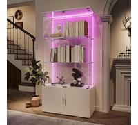 WOBOPCG Vitrine sur pied en verre avec LED, 3 couches de verre et meuble bas en bois, 4 portes et serrure, vitrine en verre, vitrine de collection