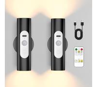 WOBSION Applique Murale LED avec Détecteur de Mouvement et Télécommande - Lampe Murale Sans Fil Rechargeable pour Intérieur, Couloir, Escalier, Armoire, Chambre, Salon (Noir, Lot de 2)