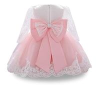 WOCINL Robe tutu à manches longues en dentelle avec nœud papillon pour bébé fille, mariage, anniversaire, concours de beauté, fête, baptême, rose, 12 mois