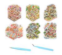 wocpvm 6 Sets 3D House Sticker Scene Kit DIY Scene Miniature Autocollants D'autocollants de Maison 3D avec 2 Pince à épiler, Incluant Villa, Centre de Formation, Parc D'Attractions et Plus