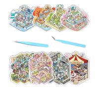 wocpvm 8 Sets 3D Miniature Scene Stickers Set DIY Stacking Scene Stickers | Ensemble D'autocollants de Maison 3D avec 2 pince à épiler, Comprenant Cirque, Maison à Ressorts, Boîte à Musique et Plus
