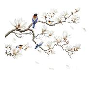 wocpvm Autocollant Mural Magnolia Blanche,Stickers Muraux Fleurs Oiseaux,Sticker Mural Élégant à Thème Naturel pour Salon, Chambre,Salle de Bain