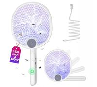 WOCVRYY 1800mAh Raquette Electrique Insectes 4000V Raquette Moustique Electrique Piable Tapetteà Mouche Electrique USB Rechargeable avec 3 Couches Protection en Maille Support Mural
