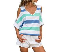 wodceeke T-Shirt décontracté pour Femme Épaules dénudées Patchwork - Bleu - XX-Large